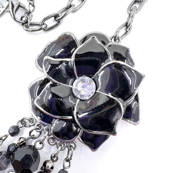NY & CO - Multi Layered Enameled Black Flower Beaded Gunmetal Tone 16” Necklace - Picture 4 of 10